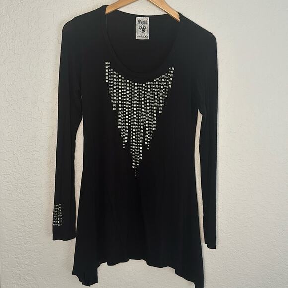 Vocal Tops - Vocal Black Tunic Silver Studs Western Cowgirl Country Goth Top Long Sleeve